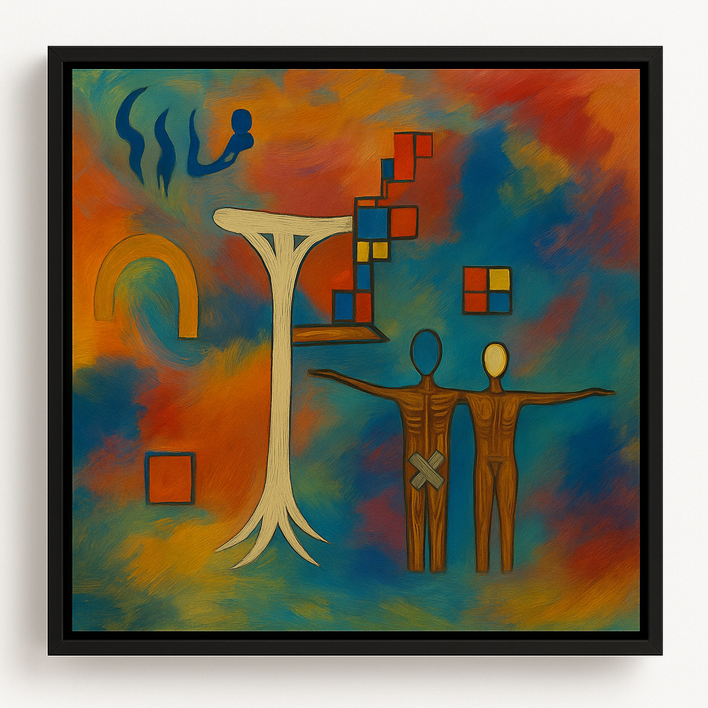 Abstract artwork with colorful background and human-like figures