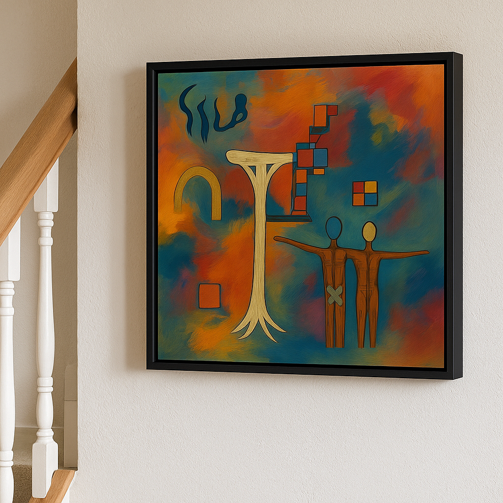 Abstract artwork with colorful geometric shapes on a wall next to a staircase.