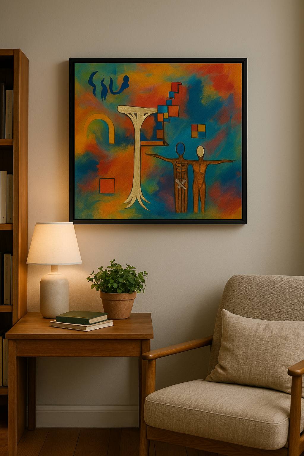 Colorful abstract painting on a wall above a wooden side table with a lamp and plant, next to a beige armchair.