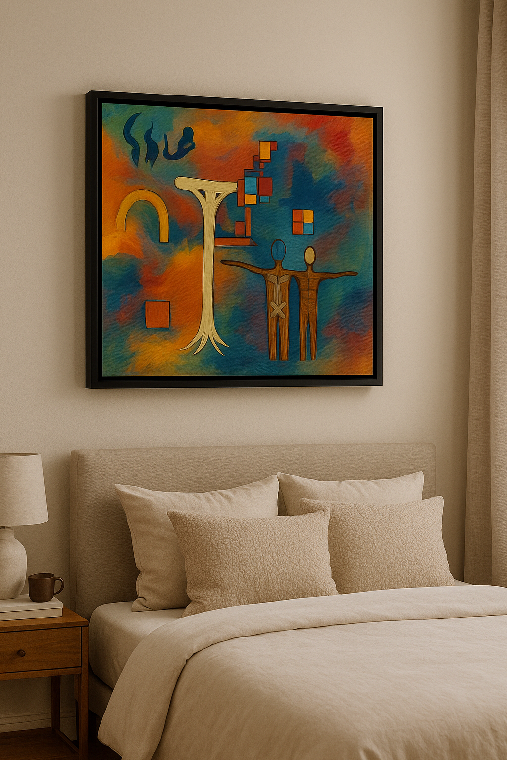 Colorful abstract painting on a wall above a bed with beige bedding.