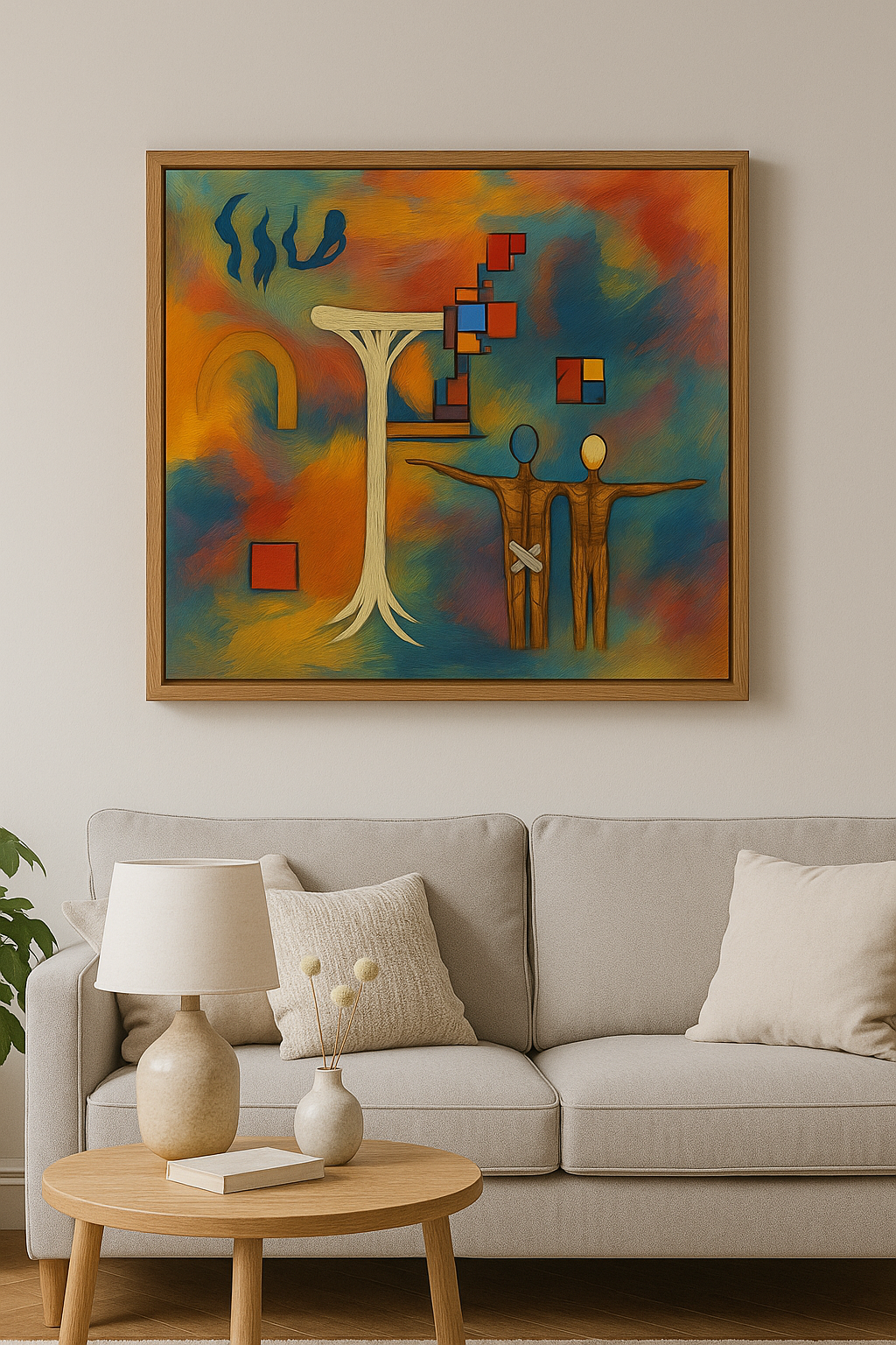 Abstract painting on a wall above a sofa in a living room