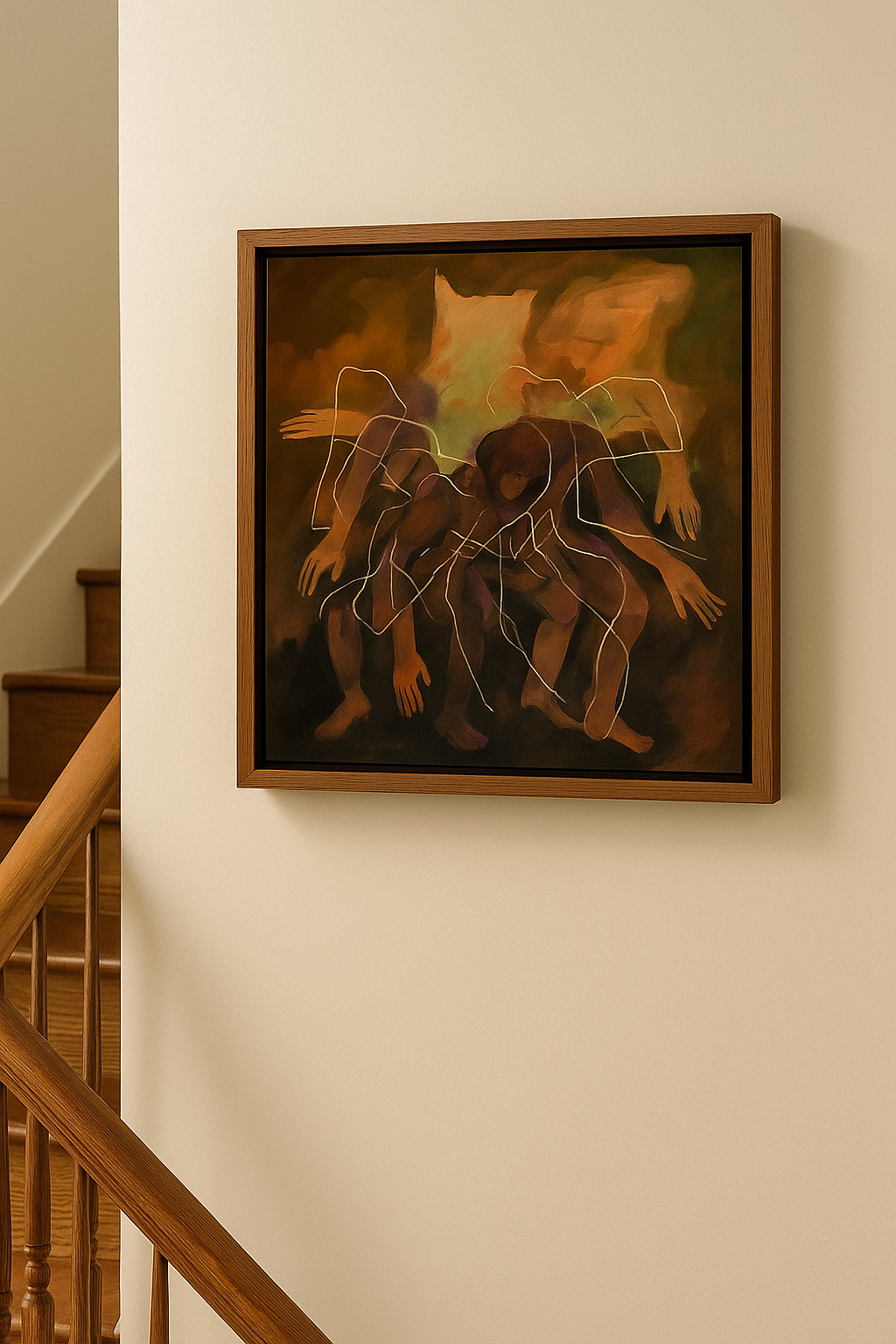 Framed abstract painting on a wall next to a staircase