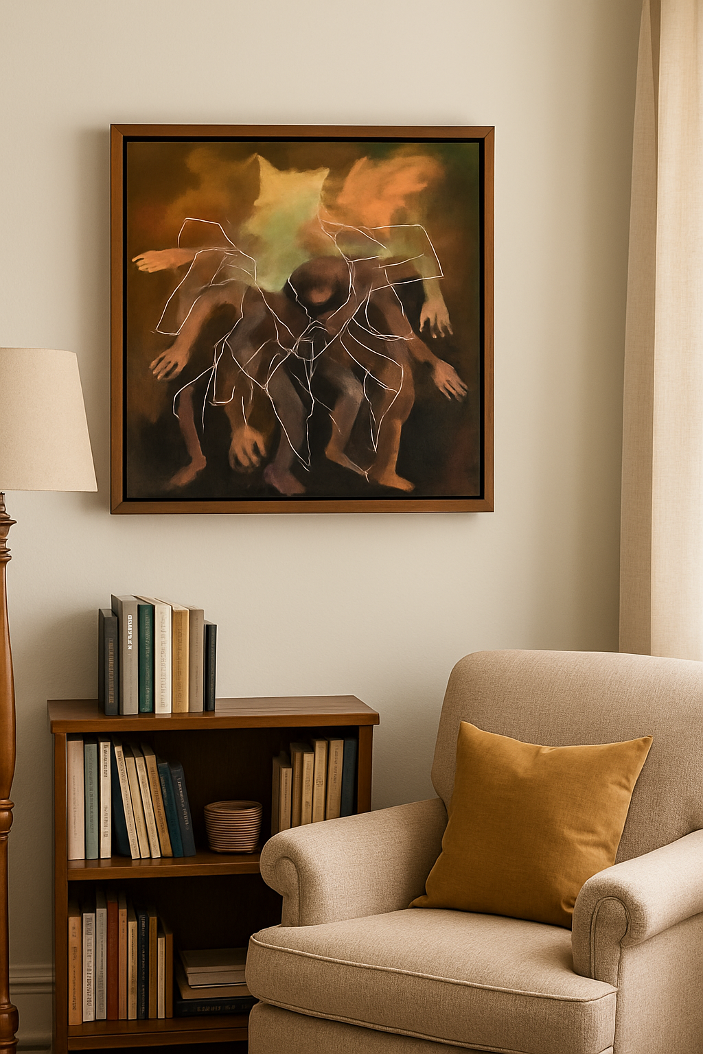 Framed abstract artwork on a wall above a beige armchair with a yellow pillow.