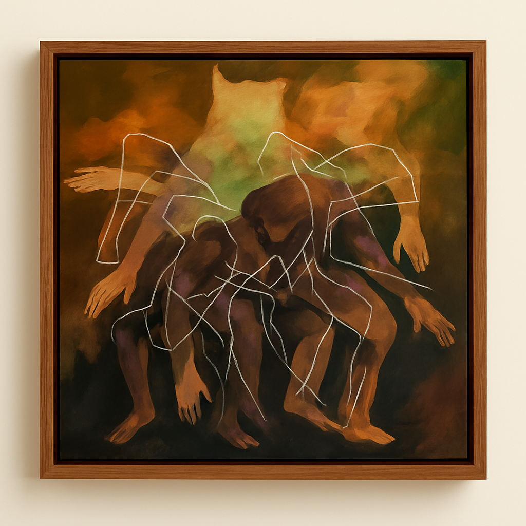 Abstract painting of multiple figures with dynamic lines on a beige wall.