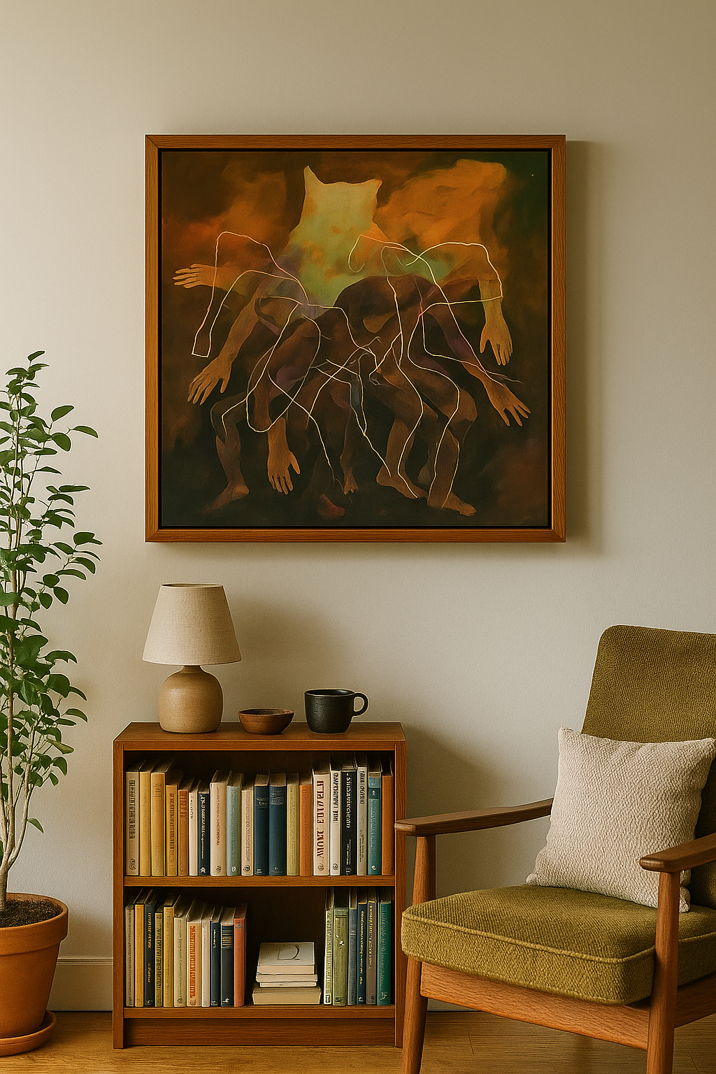 Living room with a painting on the wall, bookshelf, and chair.
