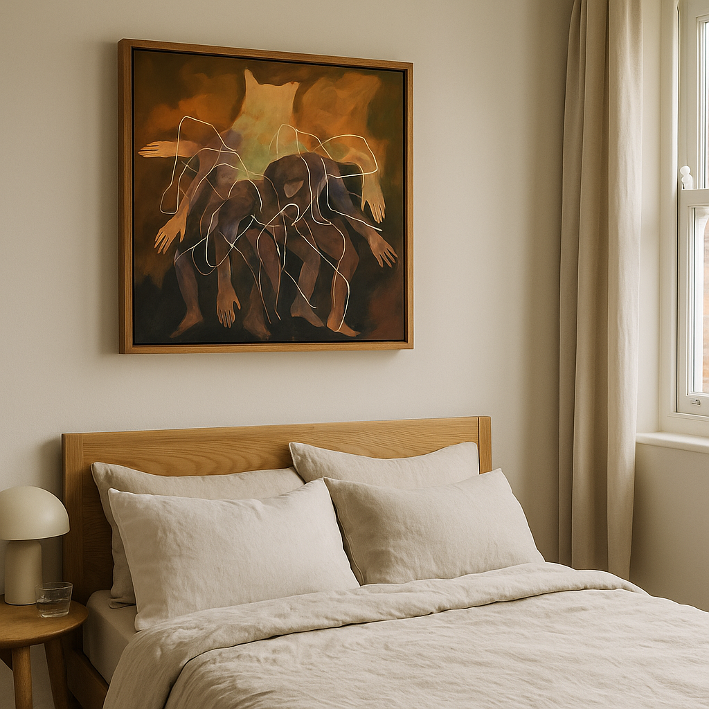 Bedroom with wooden headboard, white bedding, and abstract painting on wall.