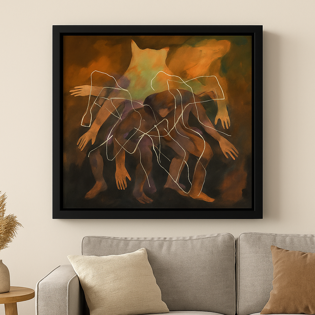Framed abstract artwork on a wall above a sofa with decorative pillows.