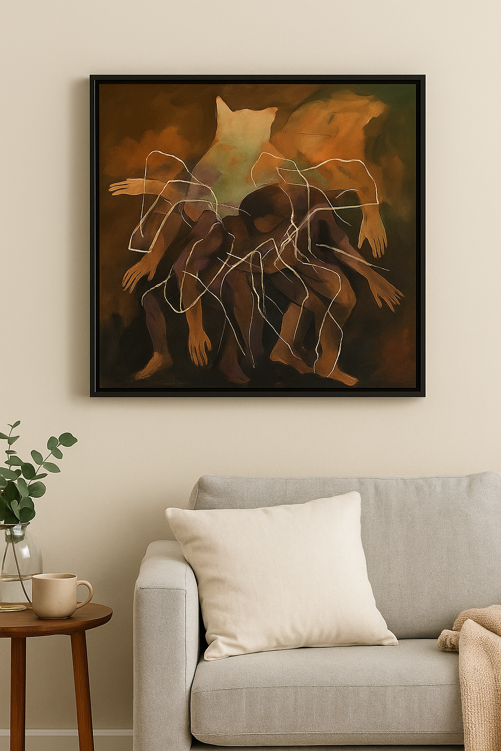 Framed abstract artwork above a gray sofa in a living room setting.