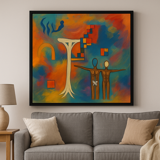 Abstract artwork on a wall above a gray sofa with decorative pillows.