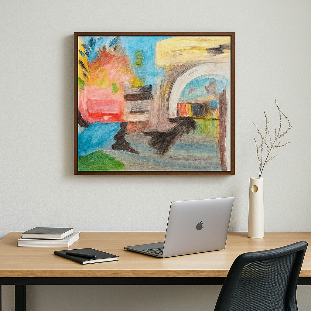Colorful abstract painting on a wall above a desk with a laptop and books.