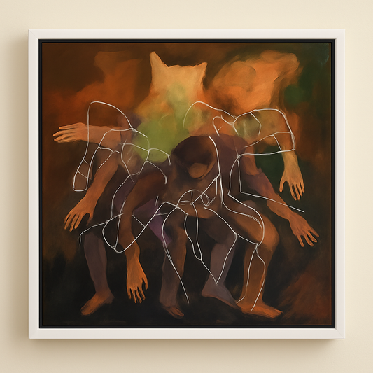Framed abstract painting of human figures with a white border on a beige wall.