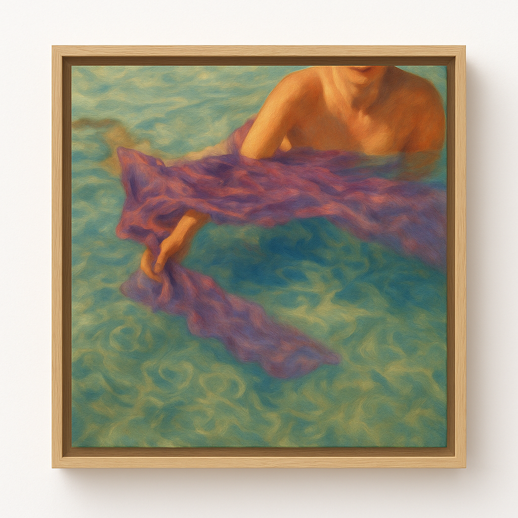 Framed painting of a nude figure with a purple garment in a water-like setting.