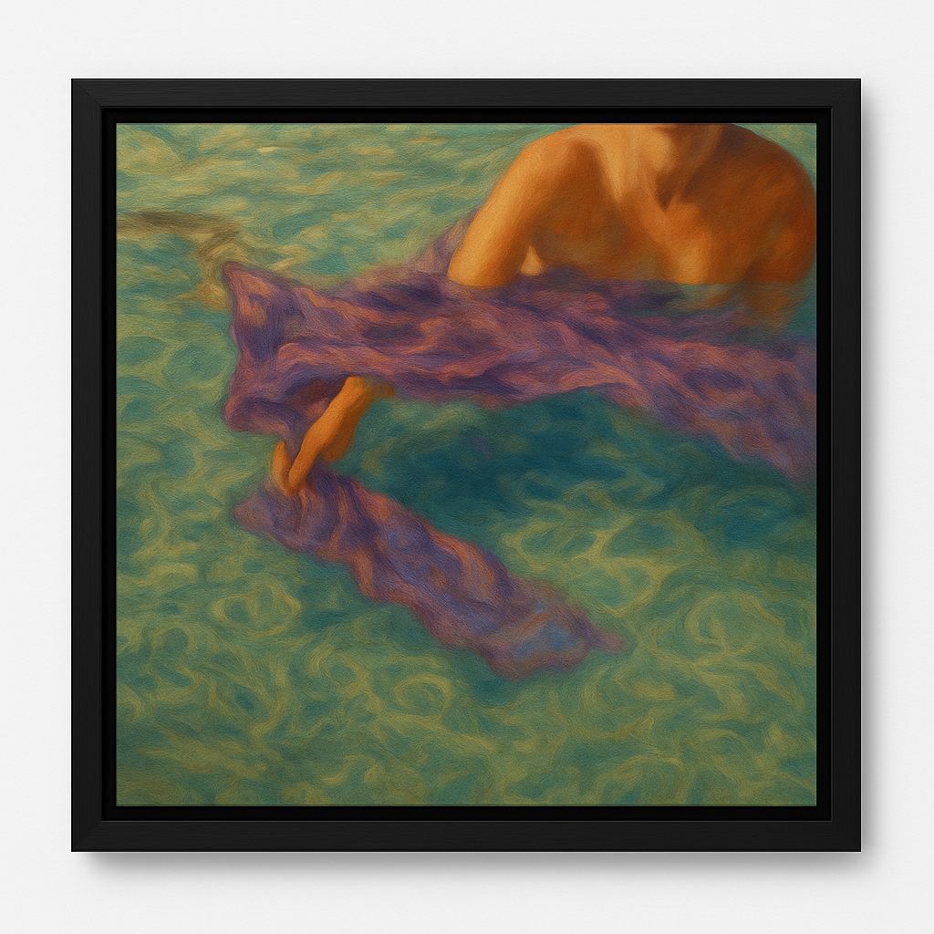 Framed artwork of a person with a purple garment in a pool