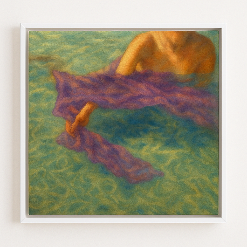 Framed artwork of a nude figure draped in fabric on a textured green background