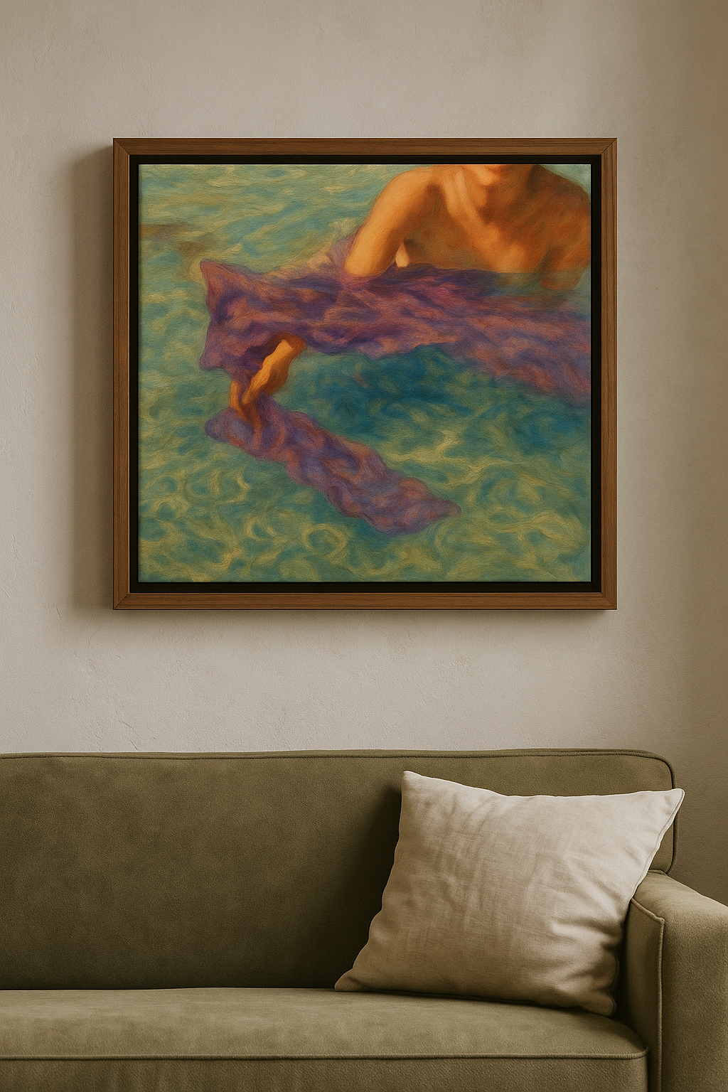 Framed abstract painting on a wall above a sofa