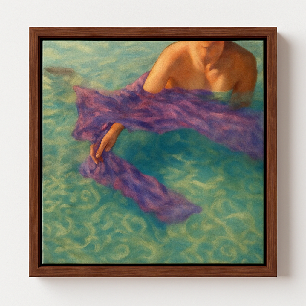 Framed painting of a person holding a purple fabric in water