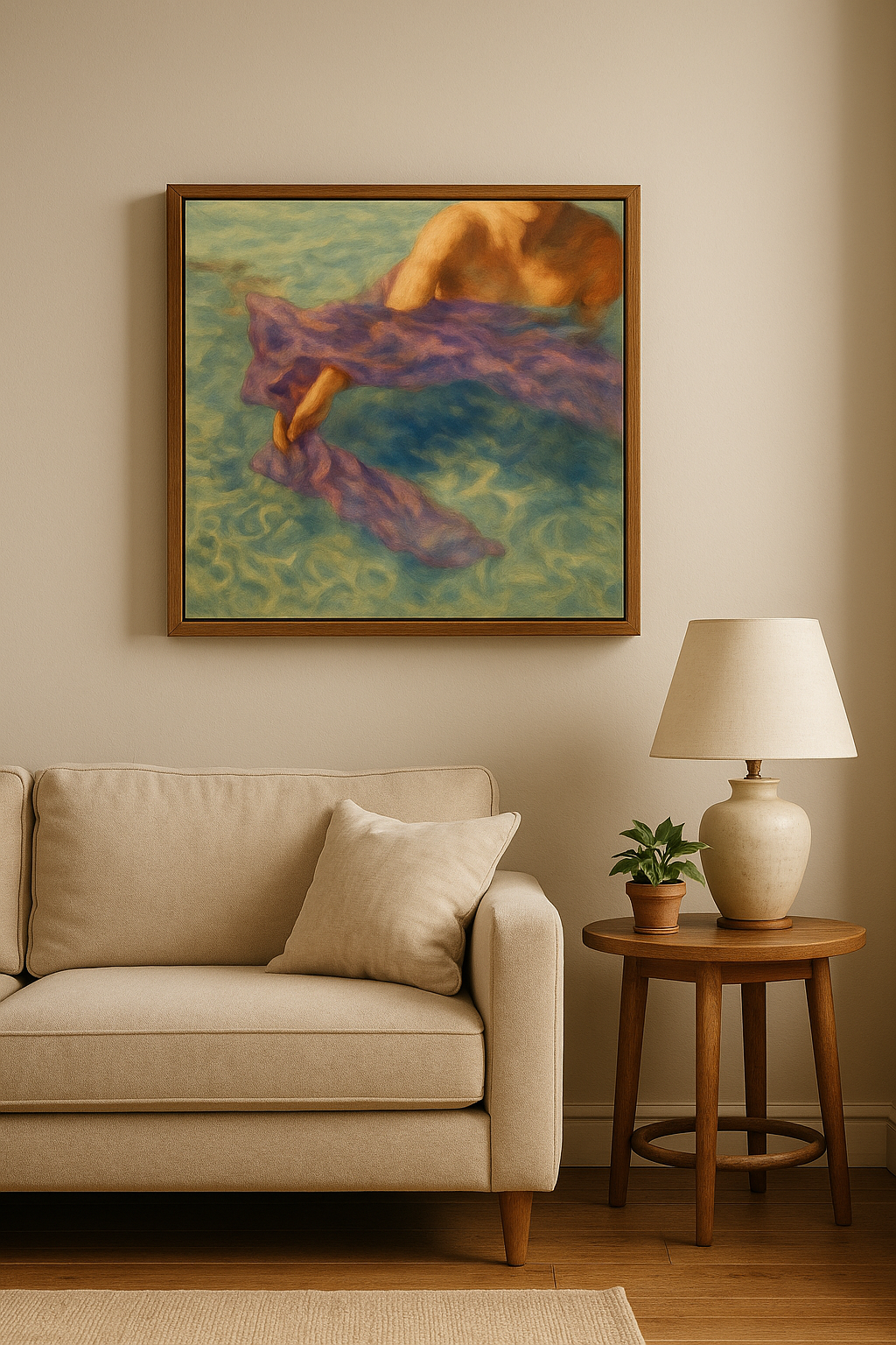 Living room with beige sofa, side table, and framed artwork on the wall.