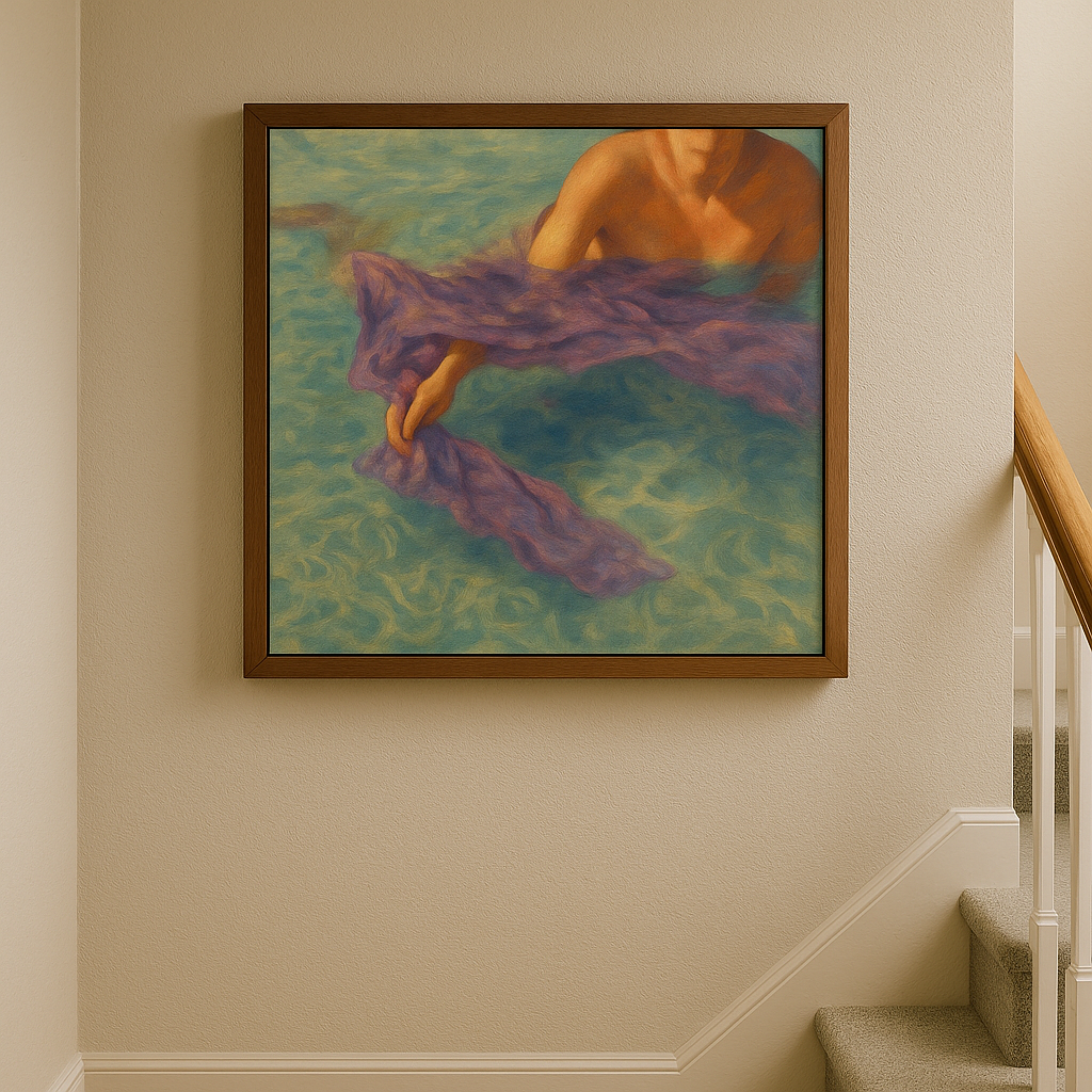 Framed painting of a person with purple fabric on a beige wall.