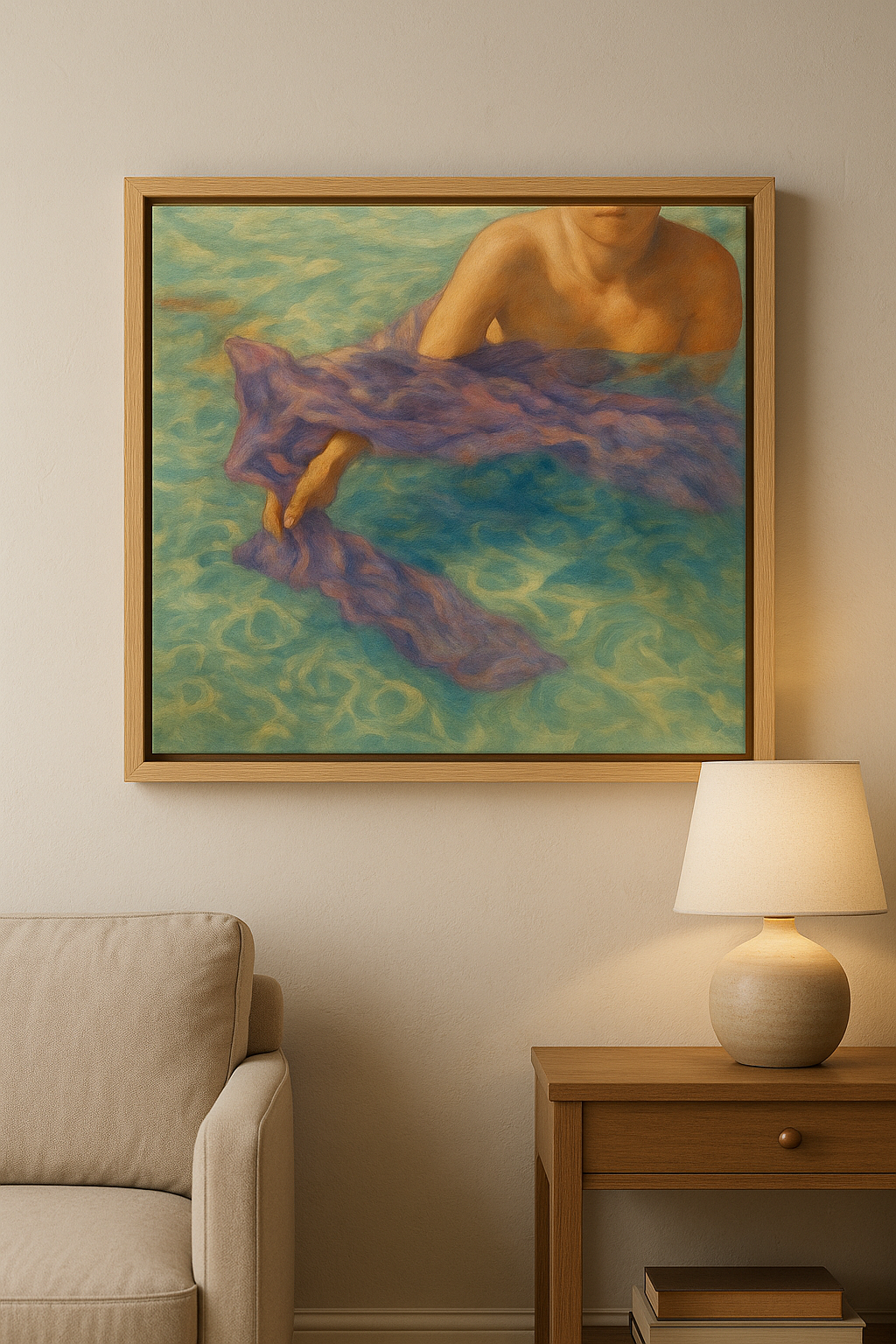 Framed painting of a nude figure draped in purple fabric on a wall above a beige sofa and wooden side table with a lamp.