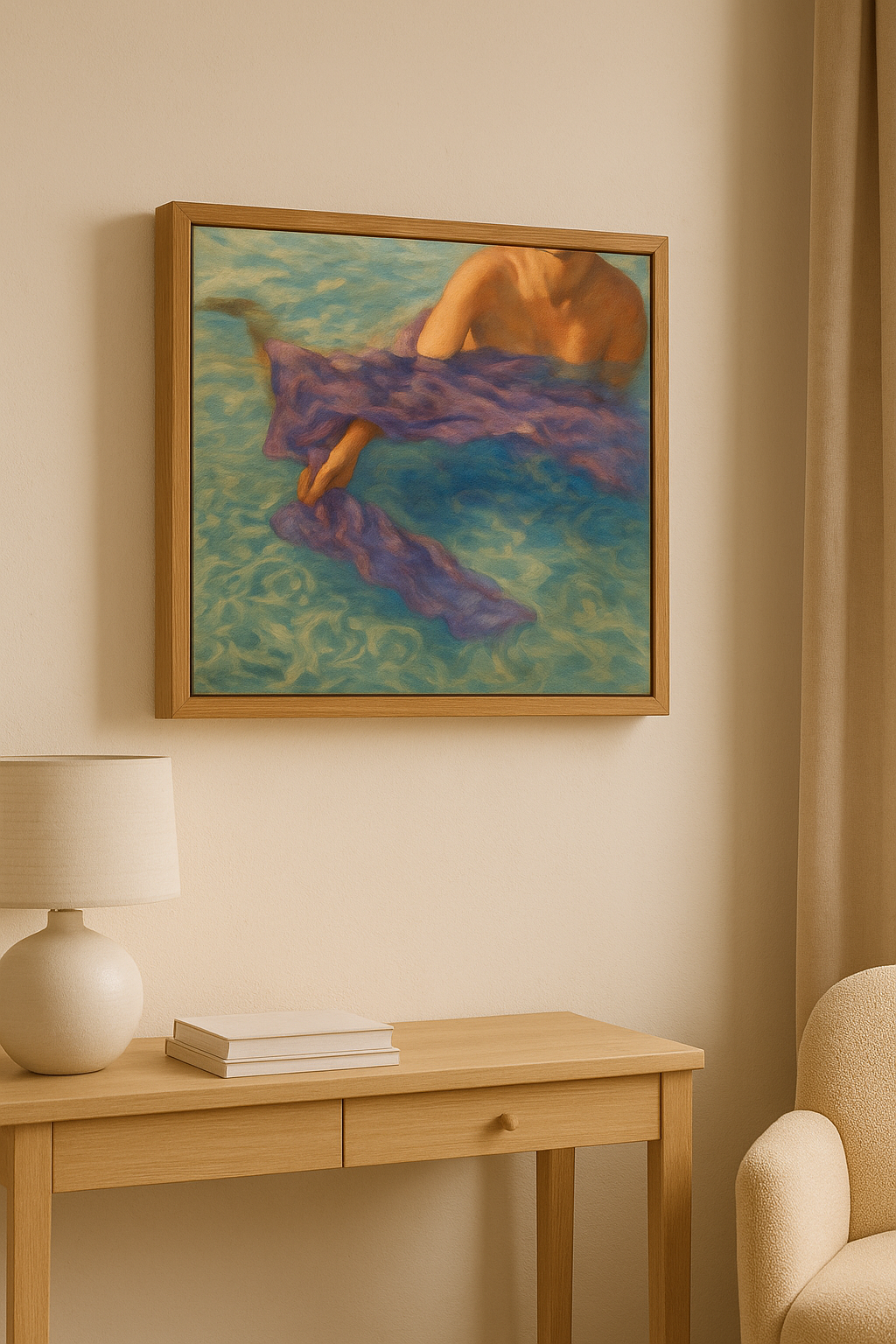 Elegant Poolside Art – Serene Water Painting with Wooden Frame | Mark Wall Art UK