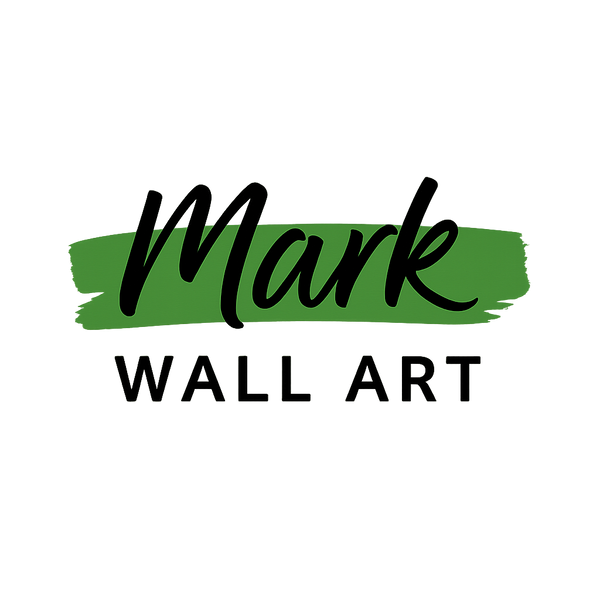 Logo for Mark Wall Art with a green brush stroke and black text on a white background