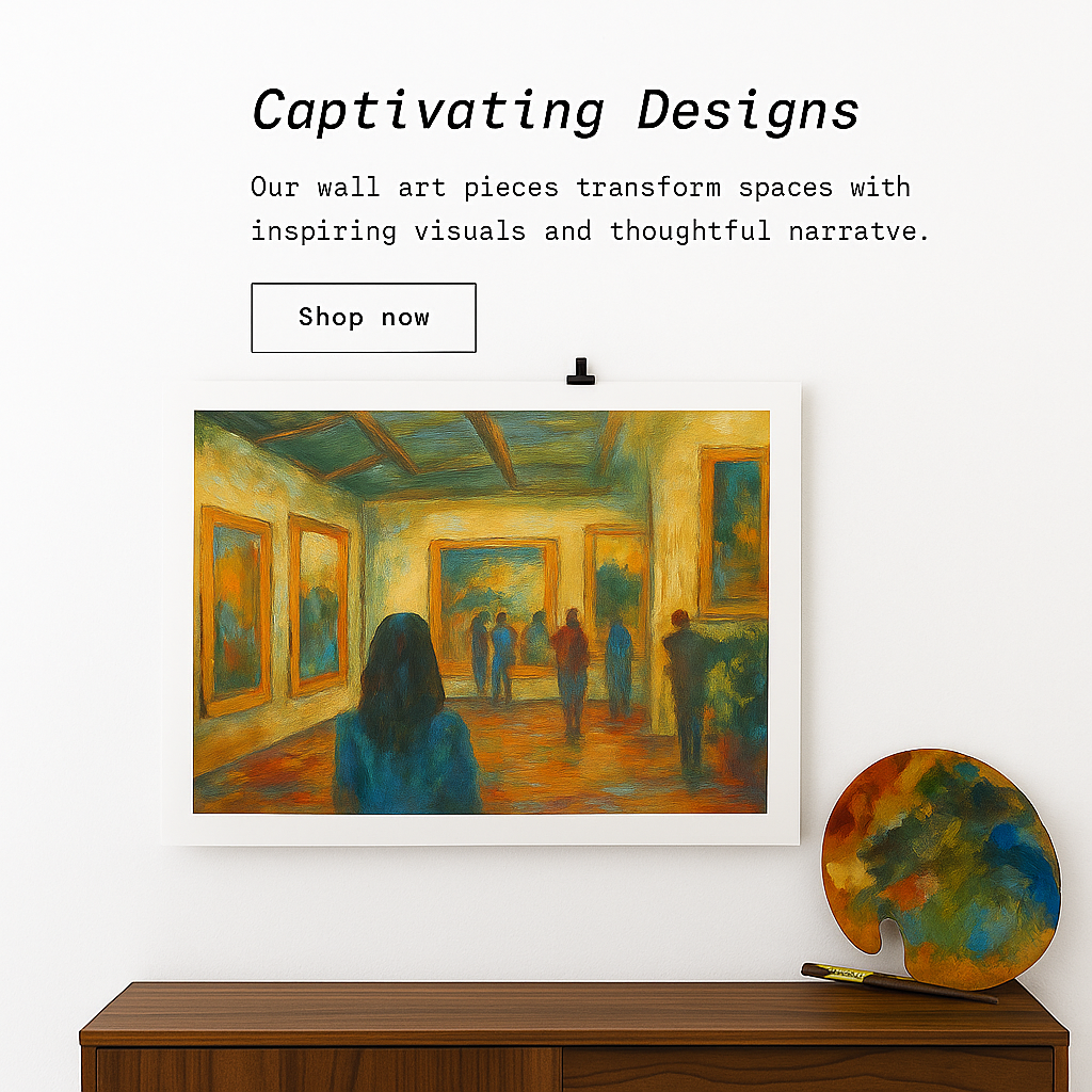 Framed painting of a gallery scene on a wall with a wooden console table below.