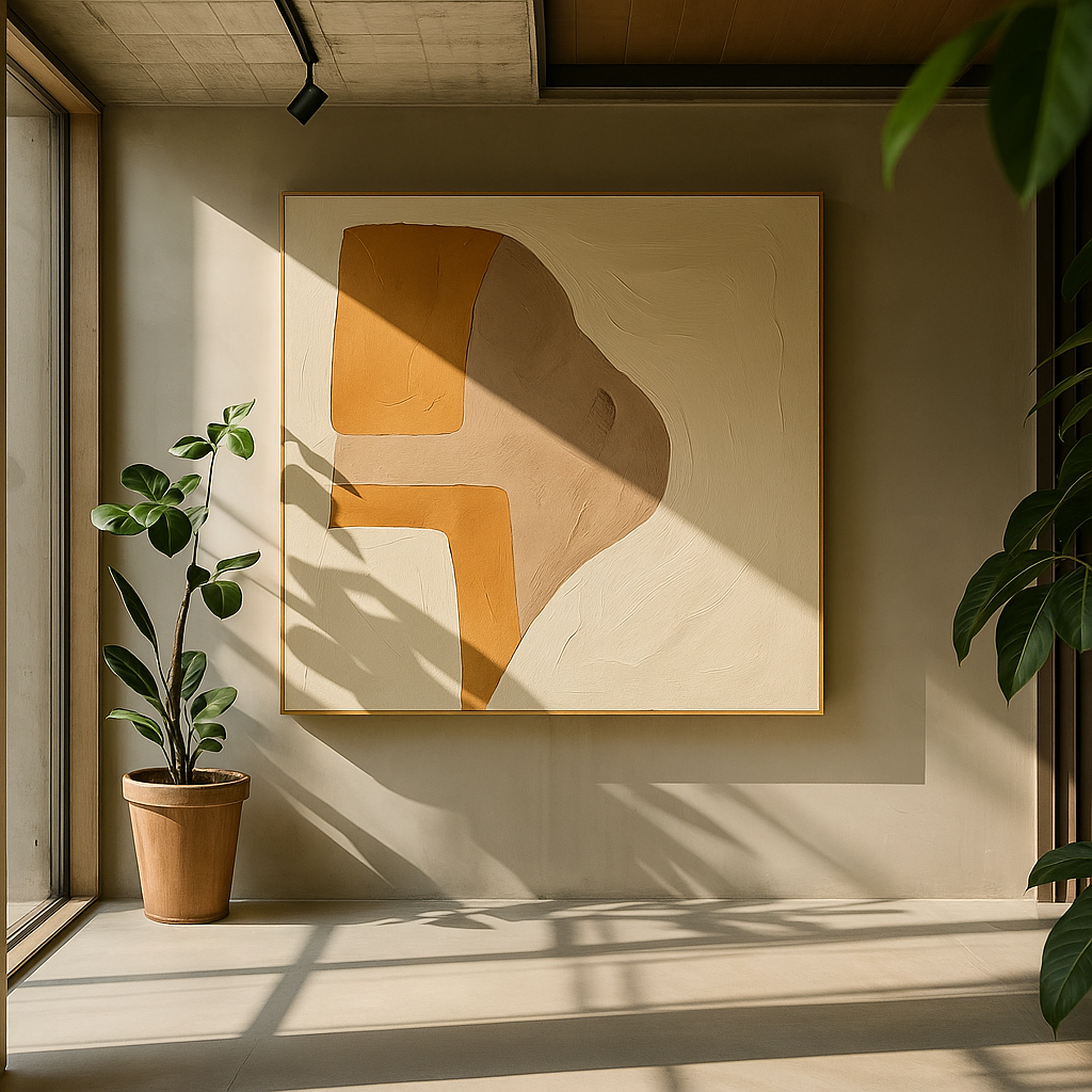 Abstract art piece on a wall with a plant beside it