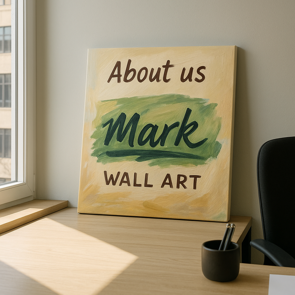 Wooden plaque with 'About us Mark Wall Art' text on a desk near a window.
